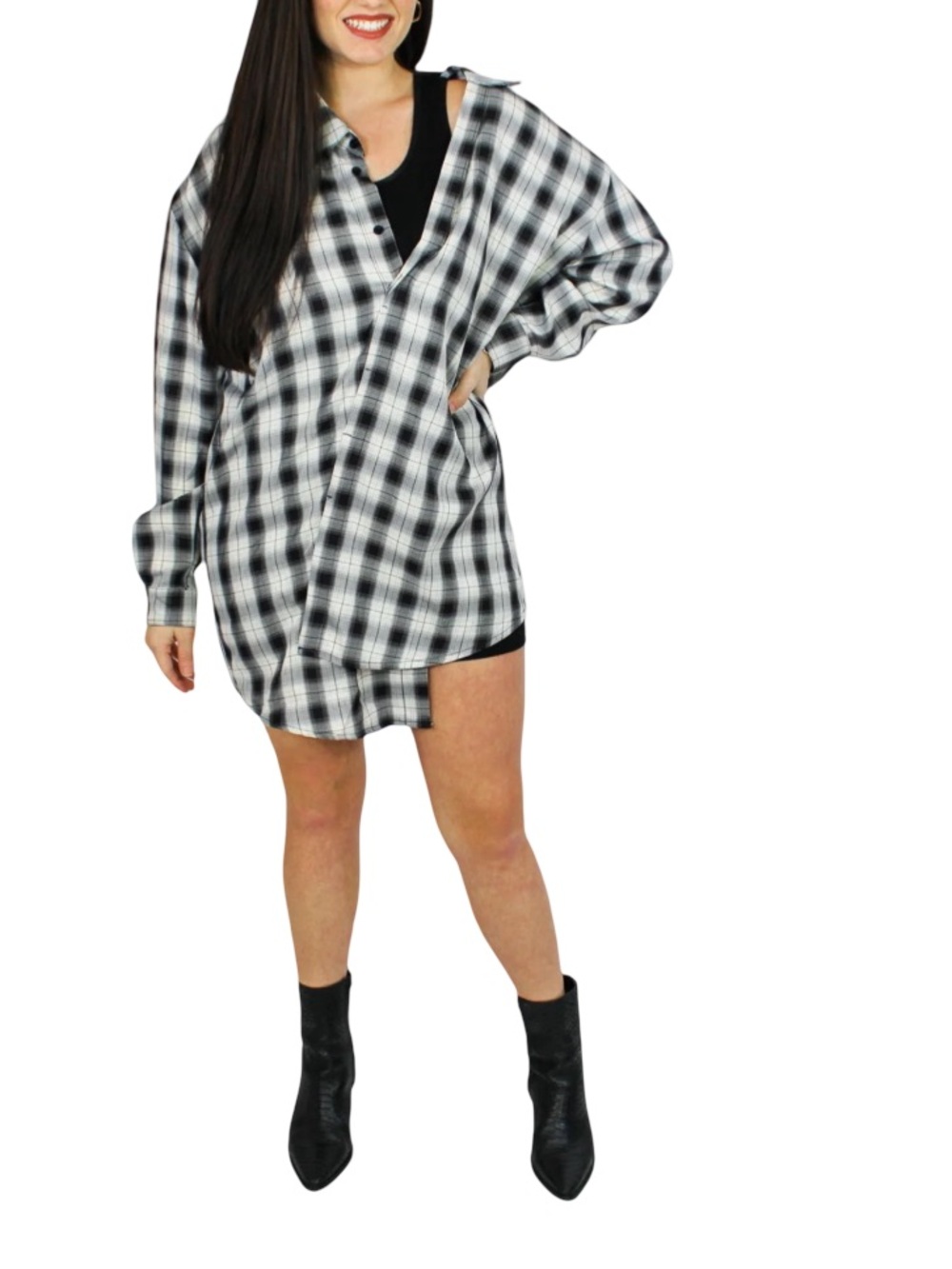 NWT Mable Black & White Plaid Oversized Button-Down Dress with Attached Tank Top